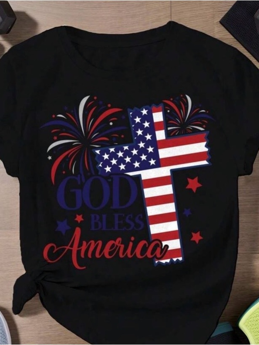 God Bless America Cross Tee Patriotic Christian Shirt USA Graphic Holiday Faith